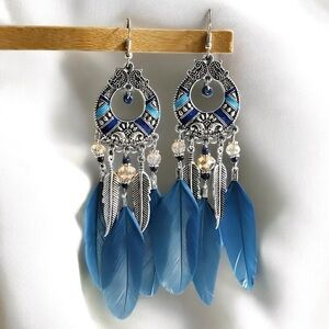 Elegant Blue Feather Dangle Earrings